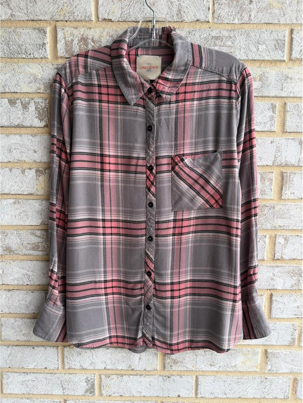 Casa Cabana Long Sleeve Button Up Gray/Pink Plaid Shirt Women's Size XL
